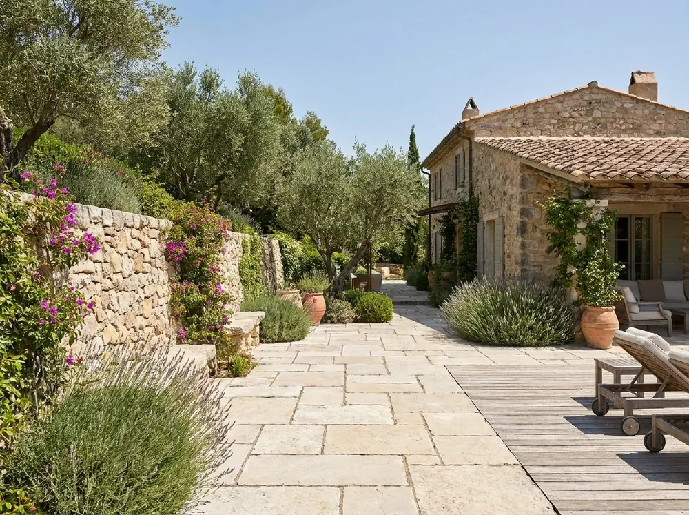 Terrasse en dallage de pierre et allée dans un jardin méditerranéen